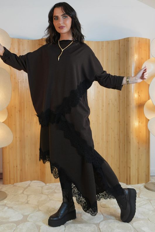 Elena Knit Slant Lace Top Chocolate